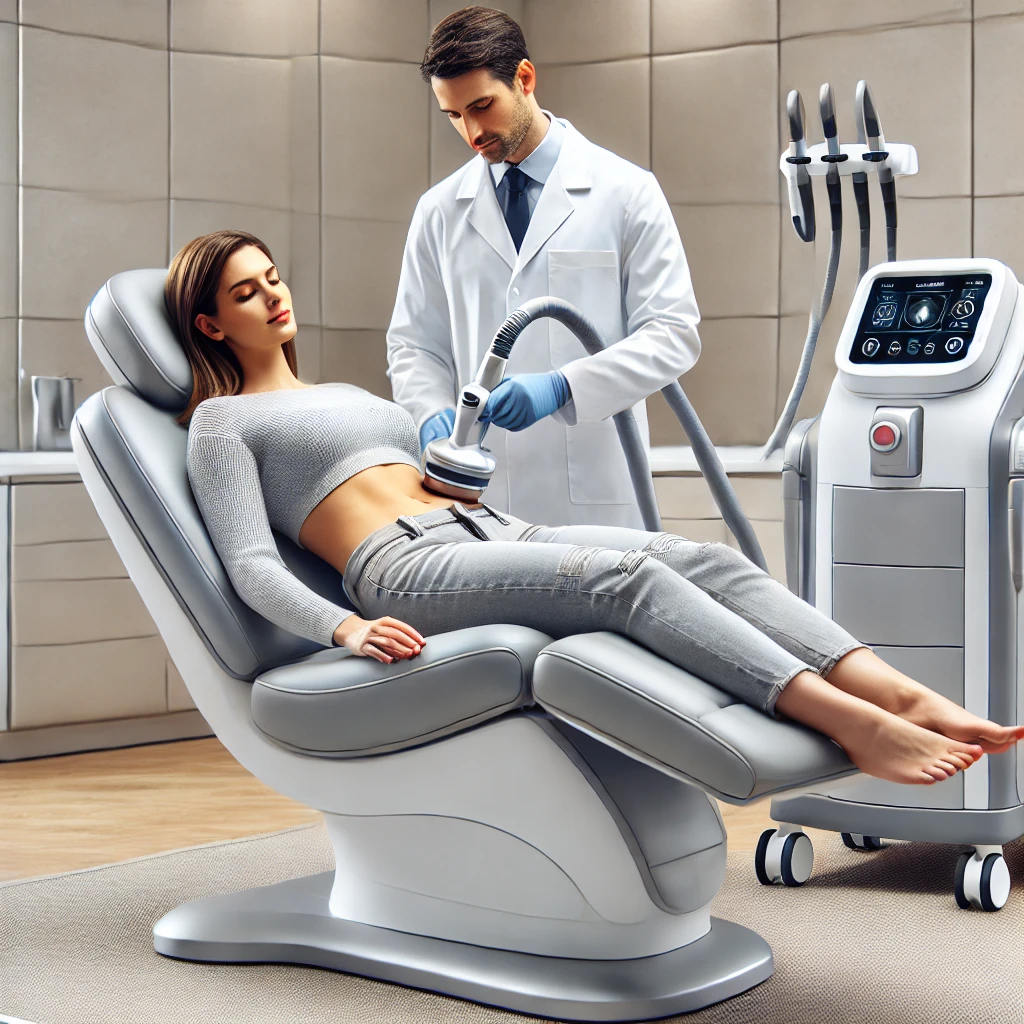 image of a woman reclining in a medical chair, receiving a CoolSculpting procedure. A sleek, cooling device is applied to her abdomen while a technician in a white lab coat adjusts the equipment. The setting is a modern, well-lit clinic with neutral tones, creating a calm and professional atmosphere.